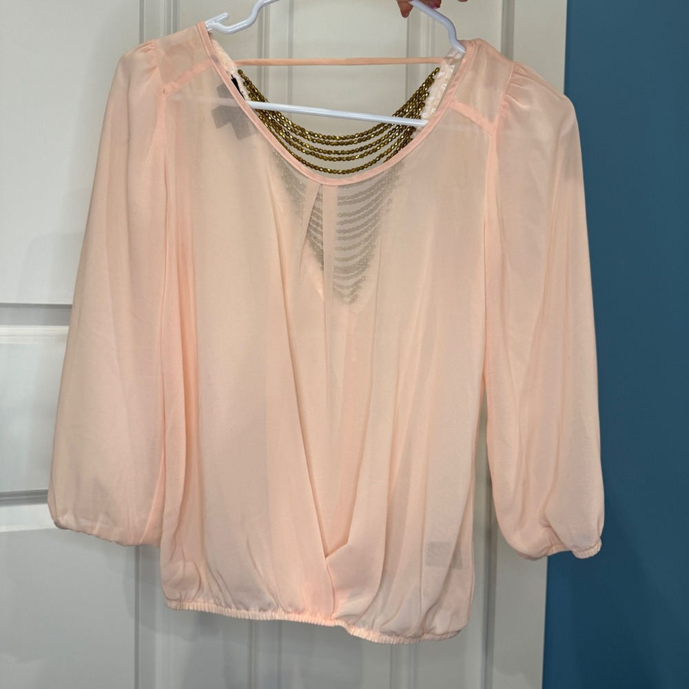 BCX Womens Peach Sheer Blouse Beaded Chain Open Back Draped Top Size XXS